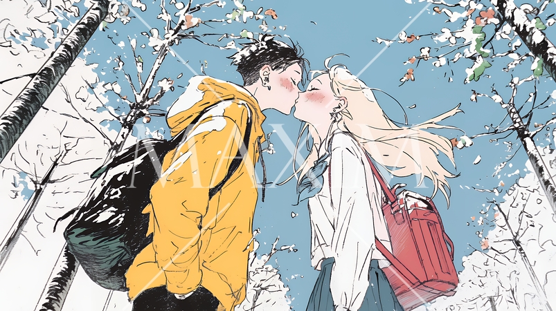 秋の紅葉の下でキスをしている若い恋人たち