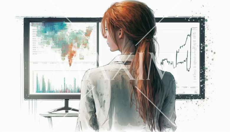 モニターに表示された株価チャートと注文画面を見つめる女性トレーダーの後ろ姿。