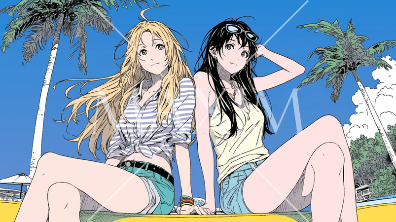 仲の良い友達同士で南国の海岸にビキニ姿でいる若い女性たち