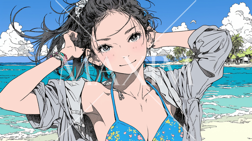 南国の海岸にビキニ姿でいる若い女性