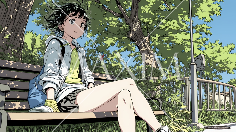 公園のベンチでひとり静かにくつろぐ若い女性