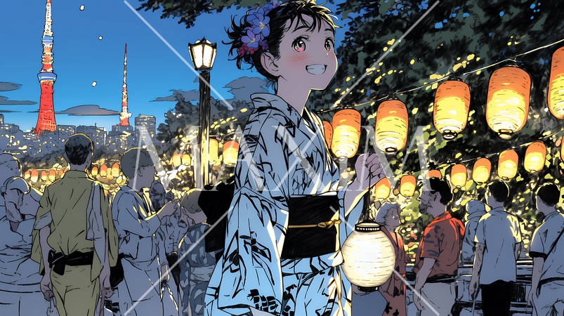 縁日屋台が立ち並び、賑わいを見せる祭りの夜