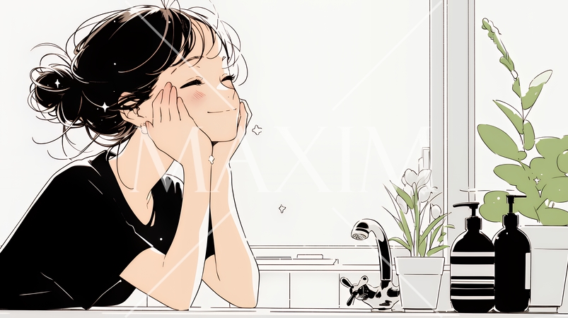 洗面所で朝の洗顔をする女性（シンプルな色使い）