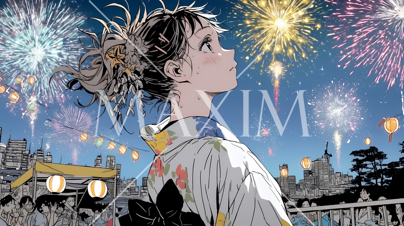 打ち上げ花火を見ている浴衣を着た若い女性