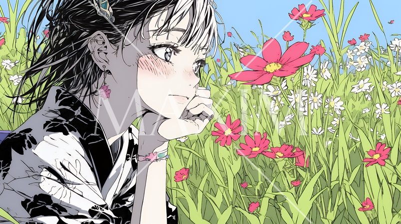 コスモス畑にいる若い女性