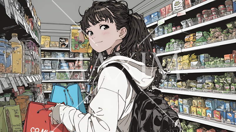 スーパーマーケットで買い物をしている若い女性