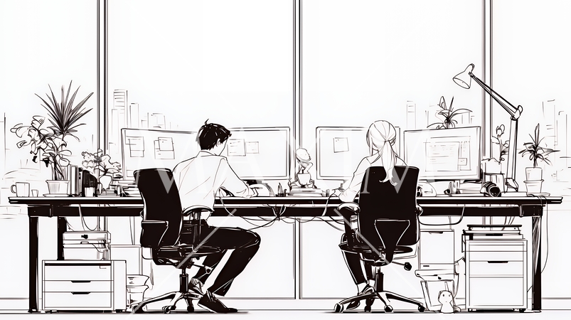 共同で企画書をまとめているビジネスパーソン（シンプルな色使い）