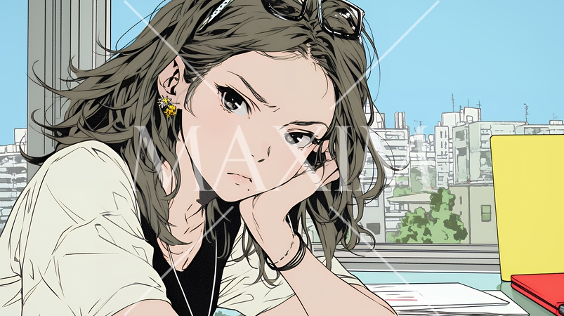 眉をひそめている女性：少し首を傾げて机に座っている