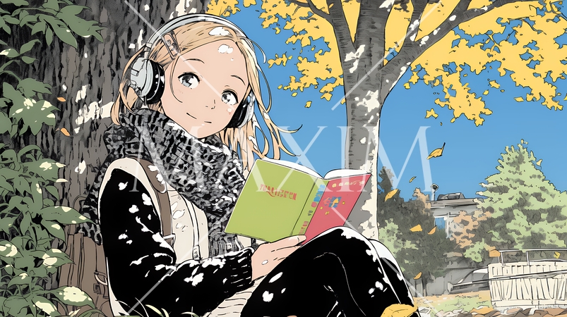 読書の秋：紅葉の木の下で本を読んでいる若い女性