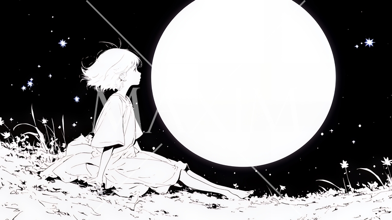 月見をしている若い女性（シンプルな色使い）