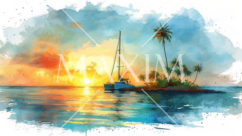 南洋の孤島とヨットと夕日：水彩画