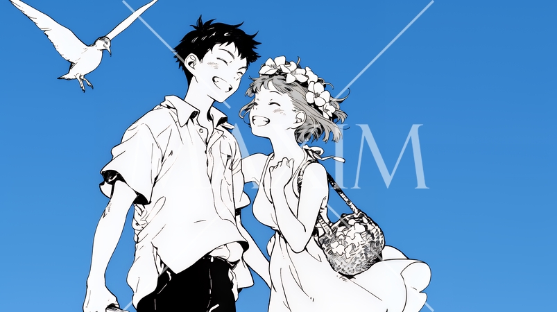 南国の海辺でデートをしているカップル（シンプルな色使い）