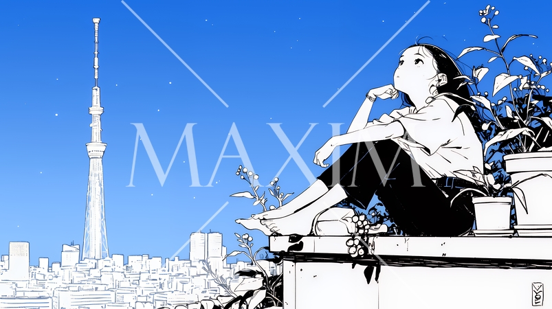 ベランダで夜風に当たりながら都会のランドスケープを眺め休む若い女性（シンプルな色使い）