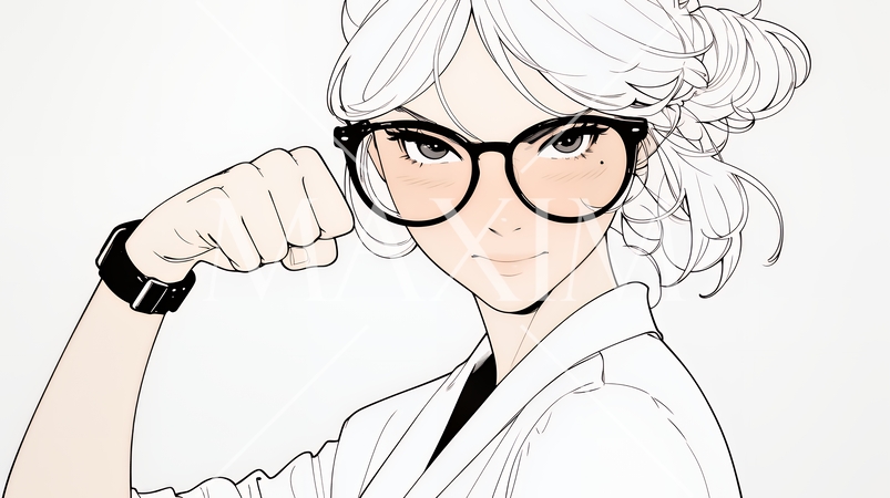 ガッツポーズ（拳を握って力強く）をしているビジネスウーマン（シンプルな色使い）