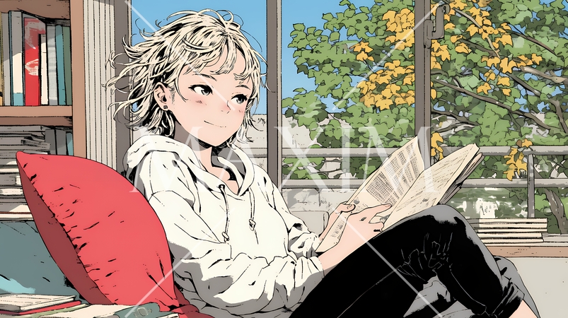 読書の秋：リビングルームで本を読んでいる若い女性