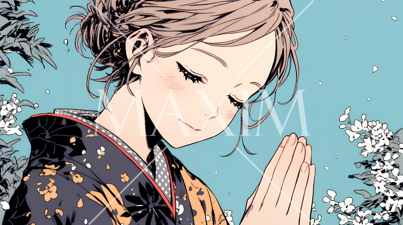 手を合わせてお祈りをしている和服姿の若い女性