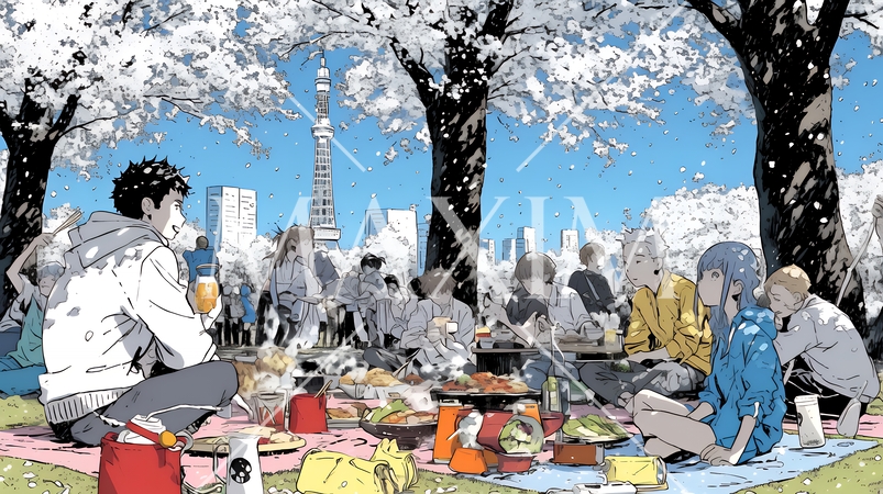 満開の桜の下で仲間たちと花見宴会