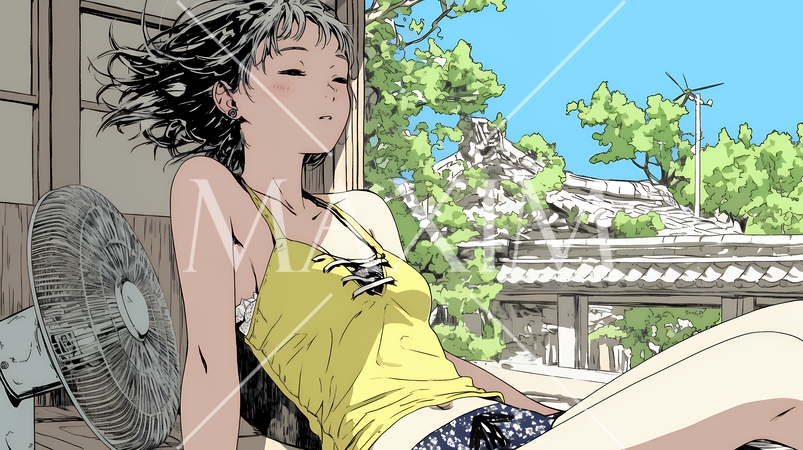 暑い夏の昼下がり、扇風機にあたって涼んでいる若い女性