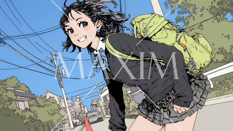 学校に遅れそうで道を急いでいる女子高生