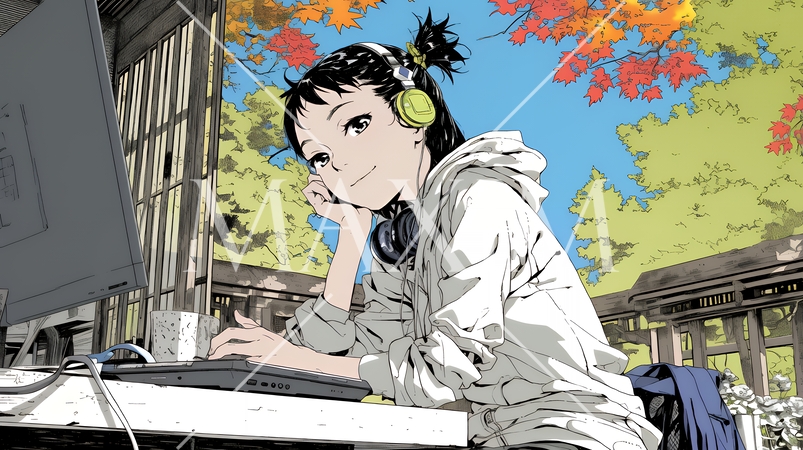 美しい紅葉の中でもPCを手放せない若い女性