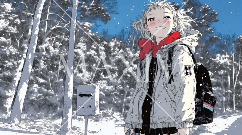 雪の積もる田舎道を歩いている若い女性