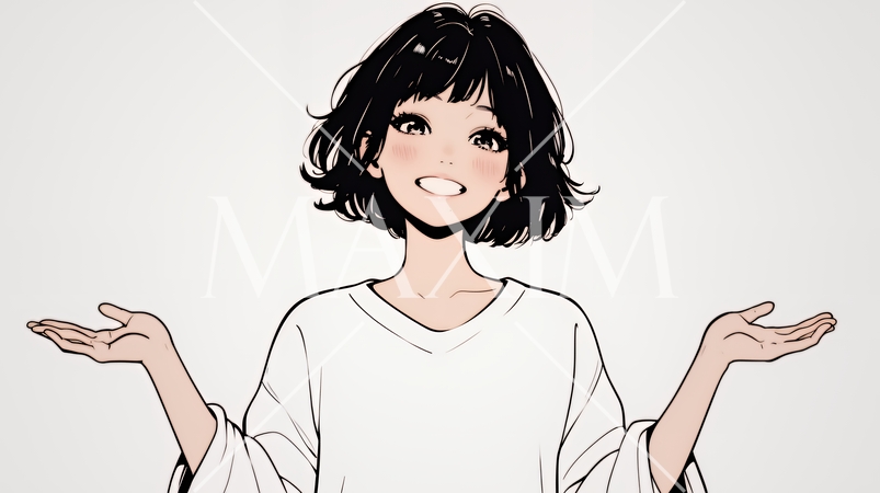 両手を広げて歓迎・驚きの仕草をしている若い女性（シンプルな色使い）