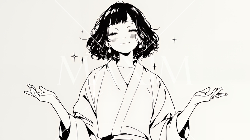 両手を広げて歓迎・驚きの仕草をしている若い女性（シンプルな色使い）