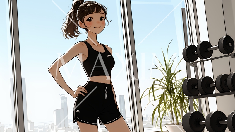 休日にジムで軽く運動する若い女性（シンプルな色使い）