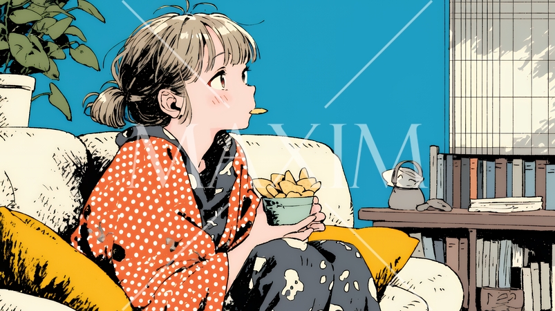 ポテトチップスをつまみながら、ひとりでビデオを観る若い女性