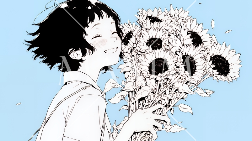 ひまわりと女性（シンプルな色使い）