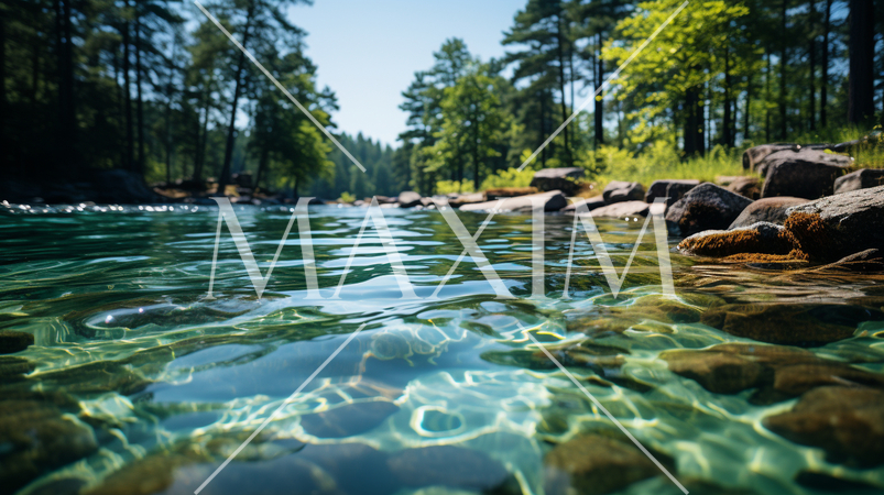 夏の森の湖の湖面から見た風景。水面には木々と空が映っている。水面の下には水草や岩についたコケも見える