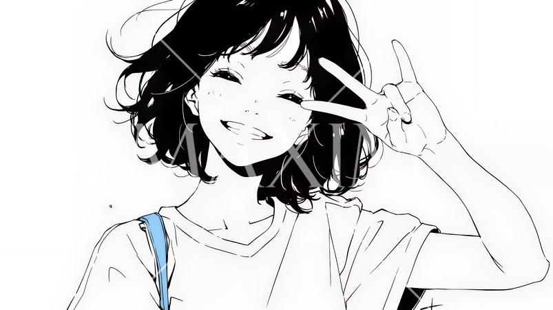 笑顔でピースサインを見せる若い女性（シンプルな色使い）