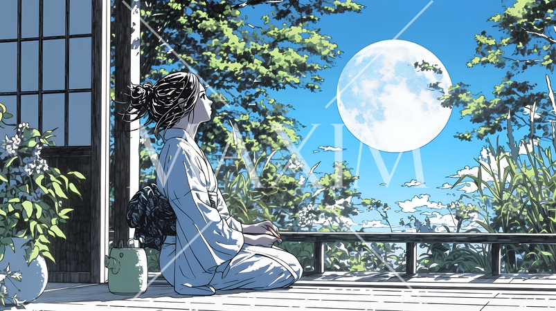 月見をしている和服姿の若い女性