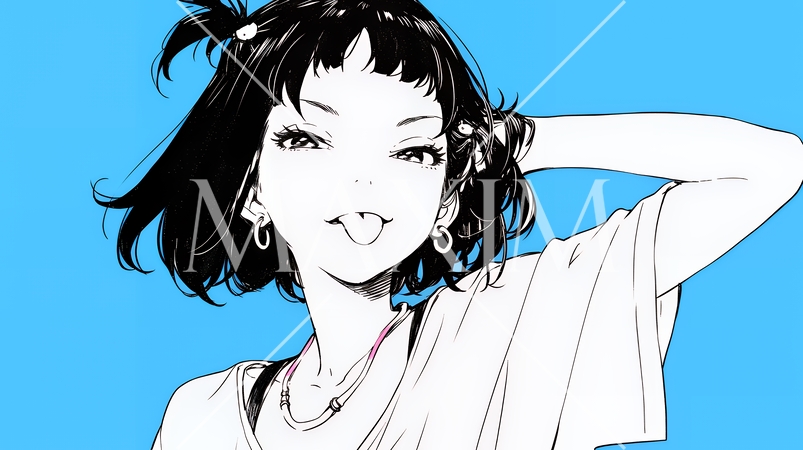 舌を出して陽気におどけている若い女性（シンプルな色使い）