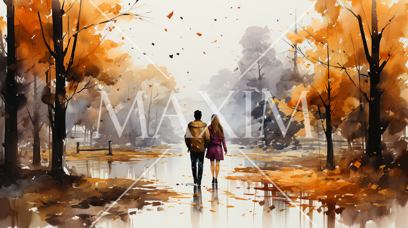 恋人達がいる秋の公園：木々が色づいている水彩画