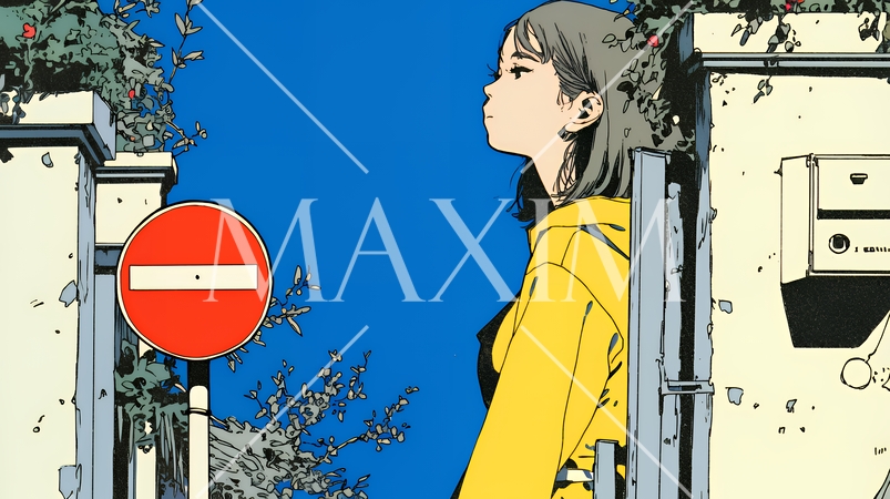 Noという意思表示：進入禁止マークと無表情な女性で表現