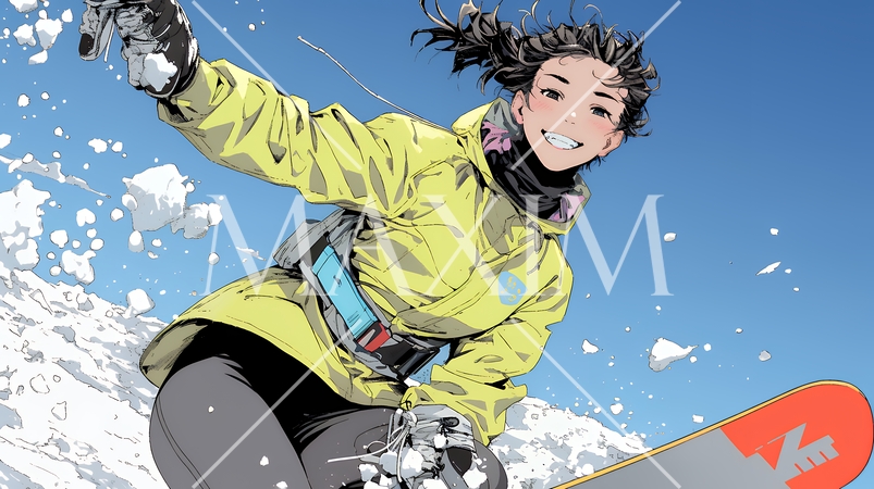 スノーボードを楽しんでいる若い女性