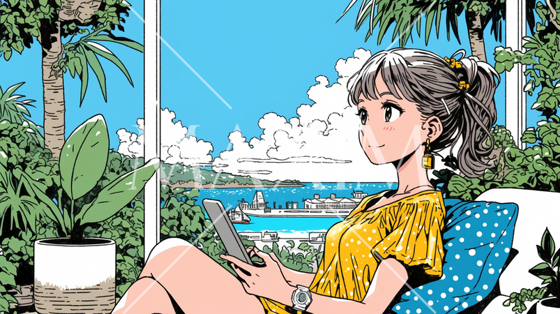 沖縄の海辺でスマートフォン・タブレットを操作している若い女性