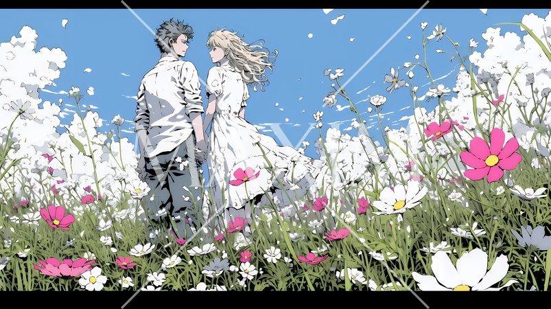 コスモス畑でデートをしている若いカップル