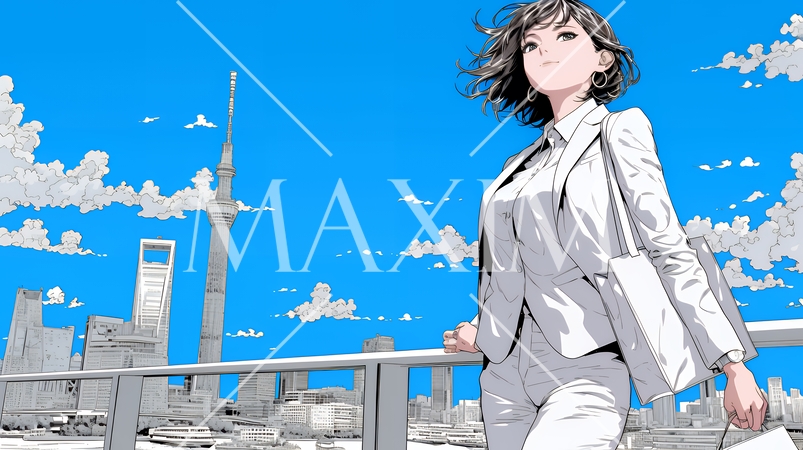 自信満々に晴天の都会の街を歩いているビジネスウーマン