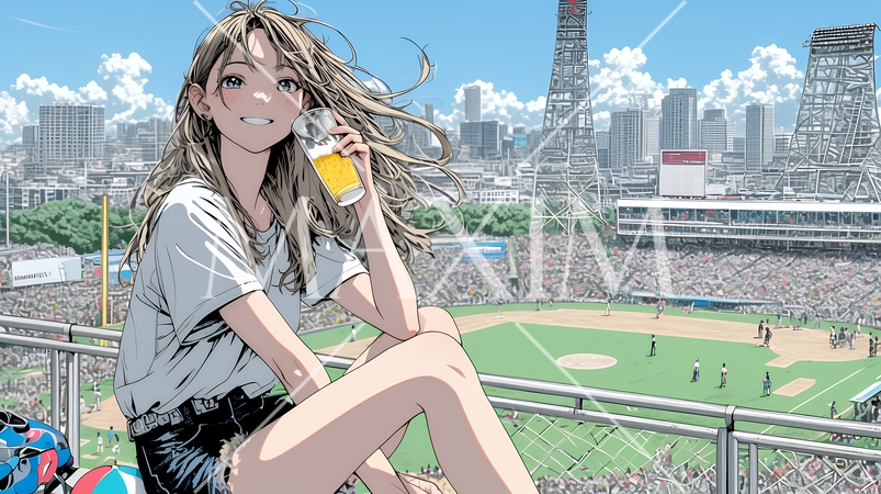 野球などの屋外スポーツを観戦しながら、ビールを楽しむ若い女性。