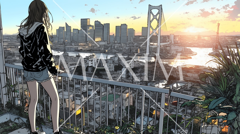 夕暮れ（朝の）都市のランドスケープを眺めている若い女性