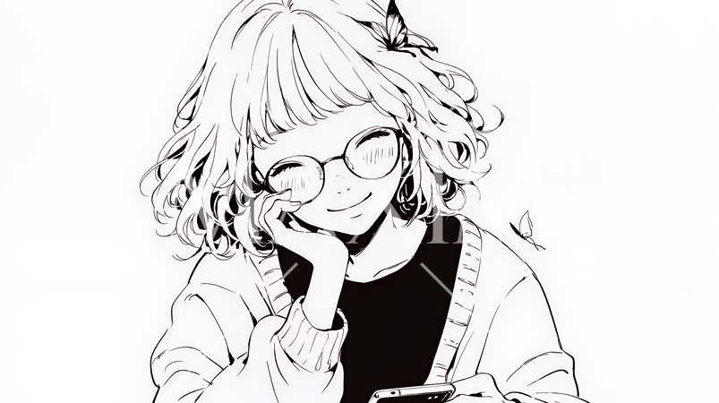 楽しそうにスマホ画面を眺めている若い女性（シンプルな色使い）