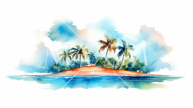 南の島の浜辺と空の背景イメージの水彩画