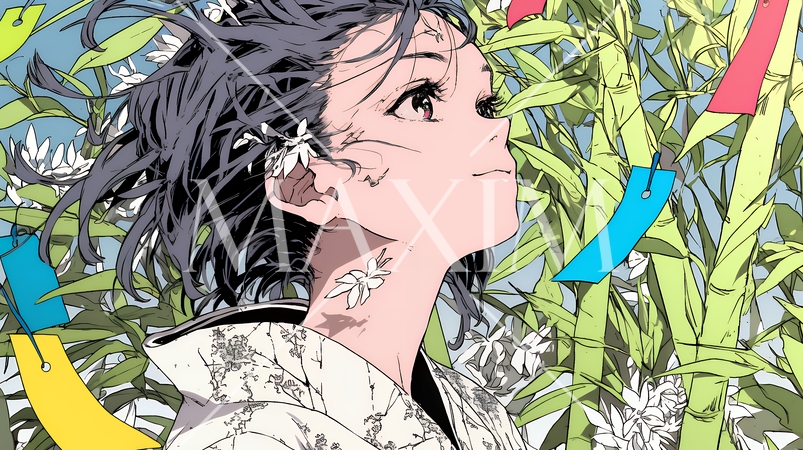 七夕飾りと和服を着た若い女性