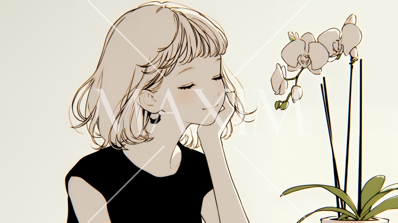 蘭の花と若い女性（シンプルな色使い）