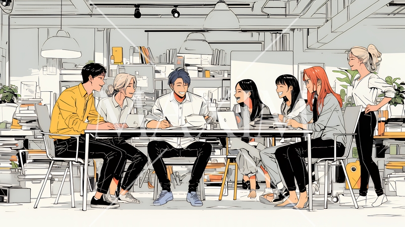 資料を見ながら打ち合わせをする会社員｜オフィスのビジネスミーティングイメージ