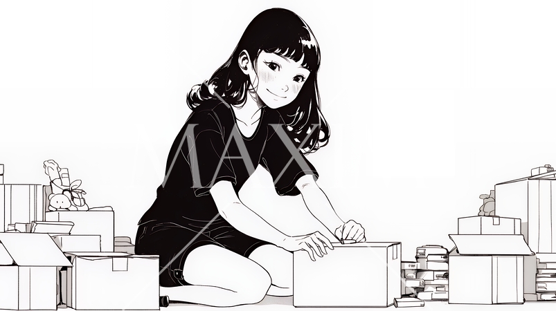 引っ越しの荷造り・荷解きをしている若い女性（シンプルな色使い）