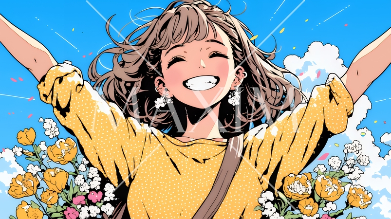 両手を広げて喜んでいる陽気な若い女性