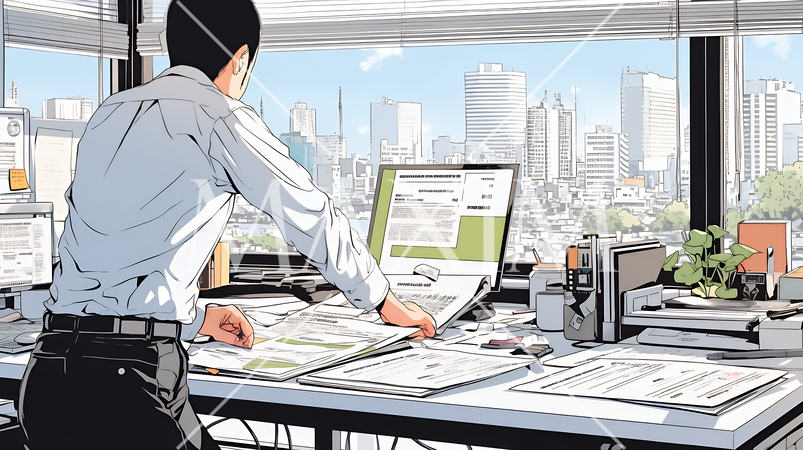 オフィスのデスクで、入念に書類をチェックする男性